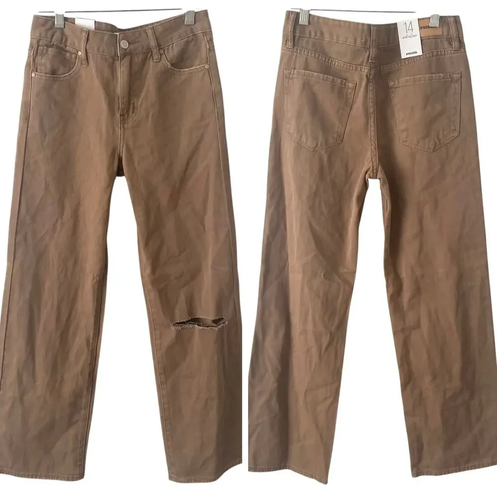 NEW RSQ Junior's Wide Leg Jeans Brown Size 14 Junior Ripped Knee Boho Trendy